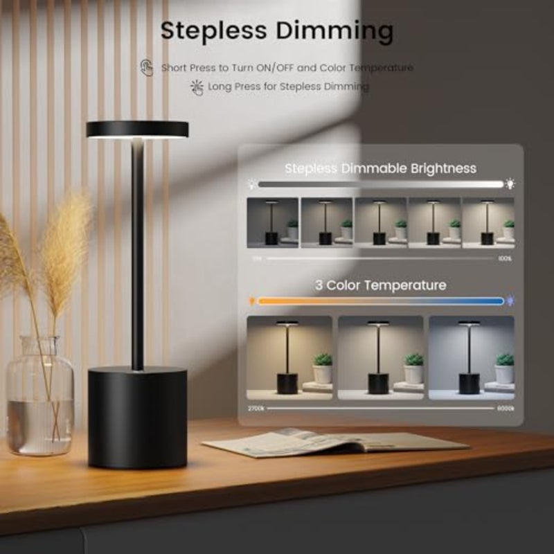 2 Pack Rechargeable Table Lamp, LED Cordless Table Lamp, 5000mAh Battery Operated Portable Table Light, Dimming for Restaurant/Patio/Outdoor Black - Image 4