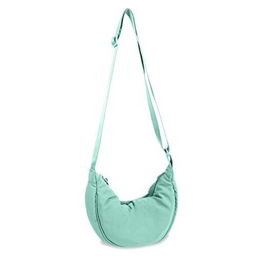 EVGLOW Nylon Crescent Crossbody Bag for Women Purses Trendy Men,Small Travel Sling Bag Hobo,Lightweight Fanny Pack with Zipper Adjustable Strap,Round Soft Shoulder Pouch Bag for Everyday Use Sport(Cyan) - Image 1