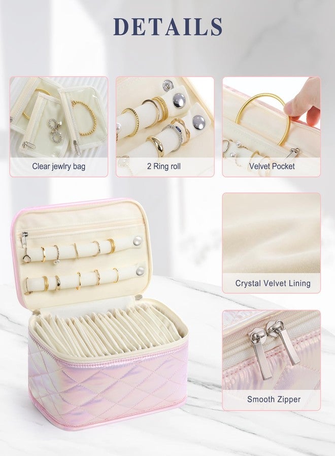 HomeHive Large Travel Jewelry Organizer Box with 20 Clear Velvet Bags, Anti-Tangle & Anti-Oxidation Jewelry Case for Rings, Earrings, Necklaces & Bracelets - Quilted Pink Design, Gift for Women & Girls, Pink - Image 3