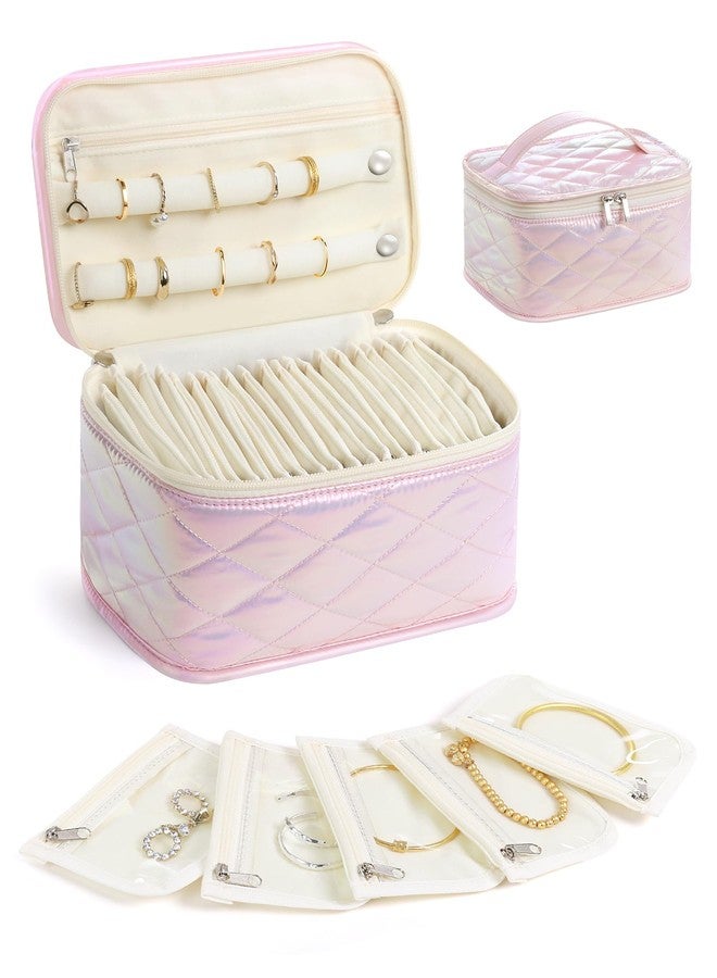 HomeHive Large Travel Jewelry Organizer Box with 20 Clear Velvet Bags, Anti-Tangle & Anti-Oxidation Jewelry Case for Rings, Earrings, Necklaces & Bracelets - Quilted Pink Design, Gift for Women & Girls, Pink - Image 1