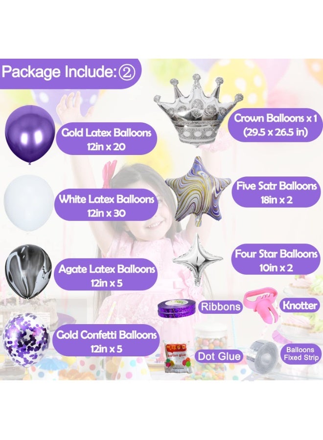 Capstro Purple Agate Birthday Balloon Decoration Set – Happy Birthday Banner & Balloon Arch Kit with Gold, White & Confetti Latex Balloons, Crown & Star Foil Balloons, Tinsel Curtain Backdrop – Purple Agate Theme - Image 2