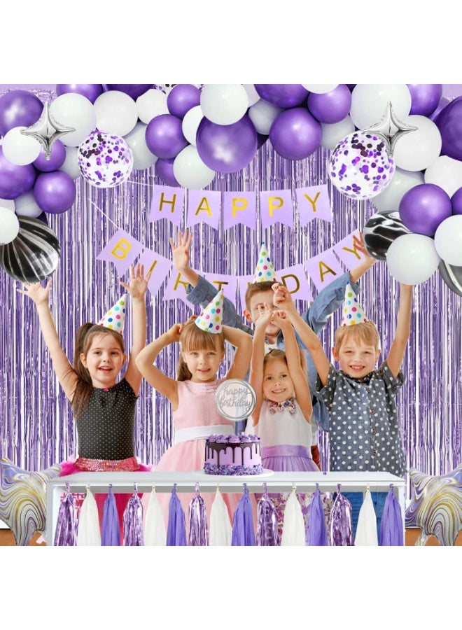 Capstro Purple Agate Birthday Balloon Decoration Set – Happy Birthday Banner & Balloon Arch Kit with Gold, White & Confetti Latex Balloons, Crown & Star Foil Balloons, Tinsel Curtain Backdrop – Purple Agate Theme - Image 4