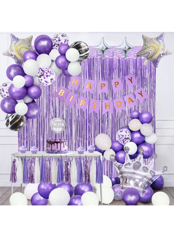 Capstro Purple Agate Birthday Balloon Decoration Set – Happy Birthday Banner & Balloon Arch Kit with Gold, White & Confetti Latex Balloons, Crown & Star Foil Balloons, Tinsel Curtain Backdrop – Purple Agate Theme - Image 1