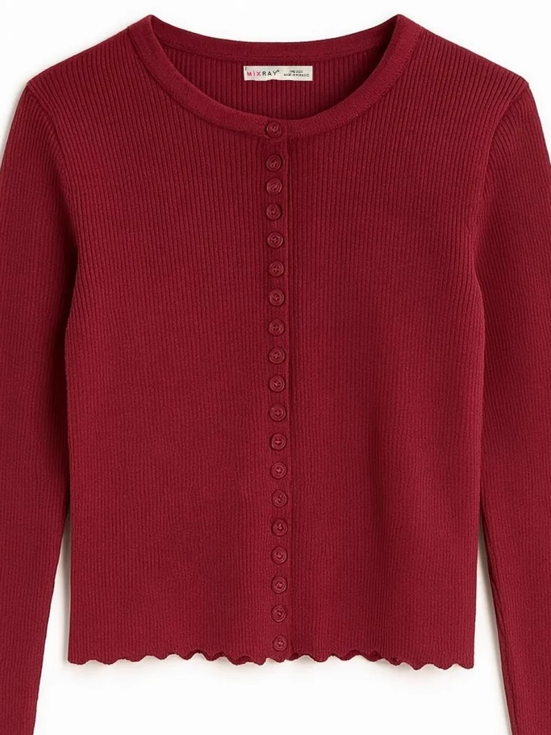 MixRay Burgundy Red MIXRAY Ribbed Knit Buttoned Cardigan for Women | Best Price UAE