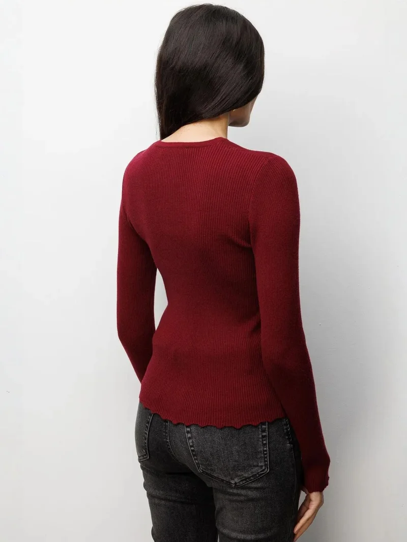 MixRay Burgundy Red MIXRAY Ribbed Knit Buttoned Cardigan for Women | Best Price UAE