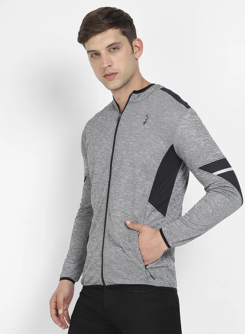 Campus Sutra Men's Grey Heathered Activewear Jacket With Contrast Detail