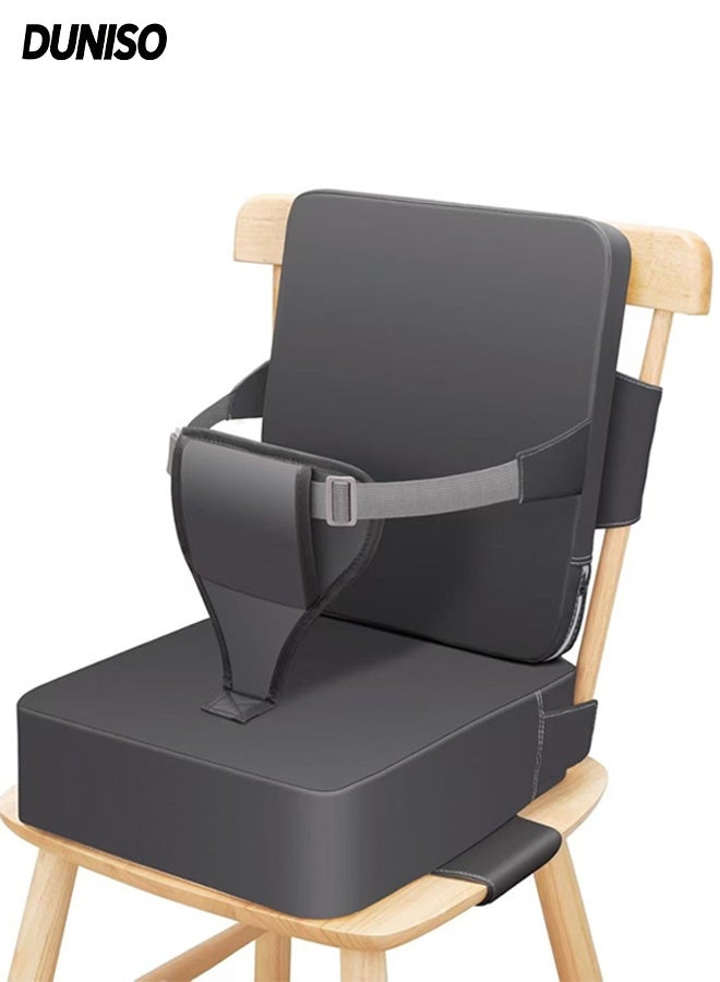 DUNISO Toddler Booster Seat for Dining Table， Portable PU Waterproof Travel Baby Booster Increasing Cushion，Kitchen Chair Booster Seat with Backrest and Adjustable Straps，Non-Slip，Easy to Clean，for Toddlers Eating，Dark Grey - Image 1