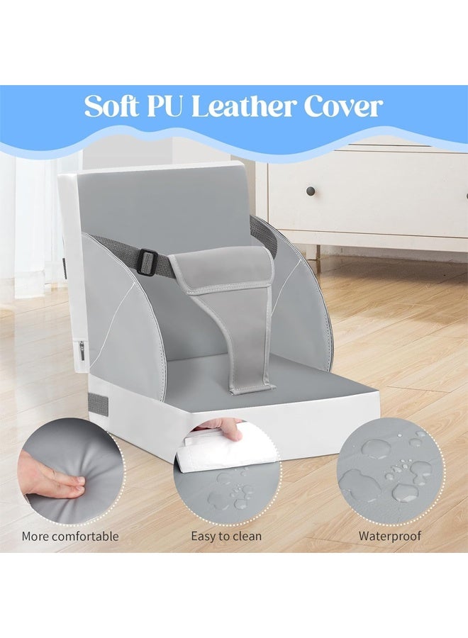 DUNISO Toddler Booster Seat for Dining Table， Portable PU Waterproof Travel Baby Booster Increasing Cushion，Kitchen Chair Booster Seat with Backrest and Adjustable Straps，Non-Slip，Easy to Clean，for Toddlers Eating，Dark Grey - Image 4