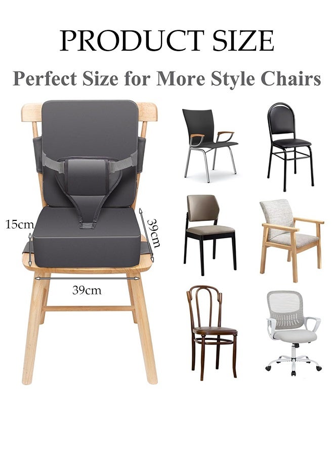 DUNISO Toddler Booster Seat for Dining Table， Portable PU Waterproof Travel Baby Booster Increasing Cushion，Kitchen Chair Booster Seat with Backrest and Adjustable Straps，Non-Slip，Easy to Clean，for Toddlers Eating，Dark Grey - Image 2
