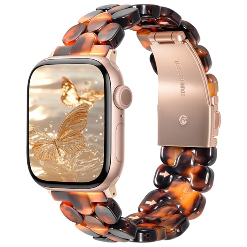 V-MORO Cute Resin Band Compatible with Apple Watch Series 7/8/9/10/11 46mm/45mm/44mm/42mm Fashion Strap for iWatch Series 6/5/4/3/2/1/SE Lightweight Bracelet Wristband Women(Amber Tortoiseshell) - Image 1