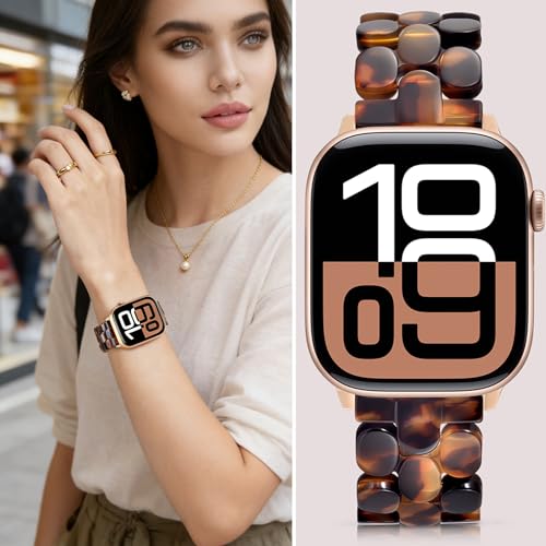 V-MORO Cute Resin Band Compatible with Apple Watch Series 7/8/9/10/11 46mm/45mm/44mm/42mm Fashion Strap for iWatch Series 6/5/4/3/2/1/SE Lightweight Bracelet Wristband Women(Amber Tortoiseshell) - Image 3
