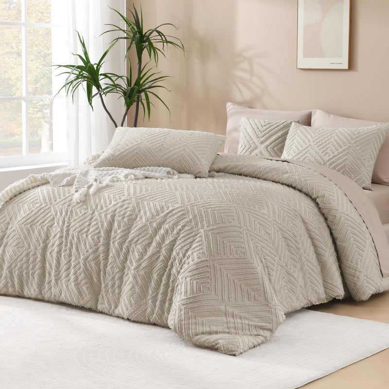 Andency Oatmeal Comforter California King Size, 3 Pieces Boho Bedding Set & Collections, Farmhouse Tufted Fluffy Bedding Comforter Sets for All Seasons (1 Comforter 104x96In, 2 Pillowcases) - Image 1