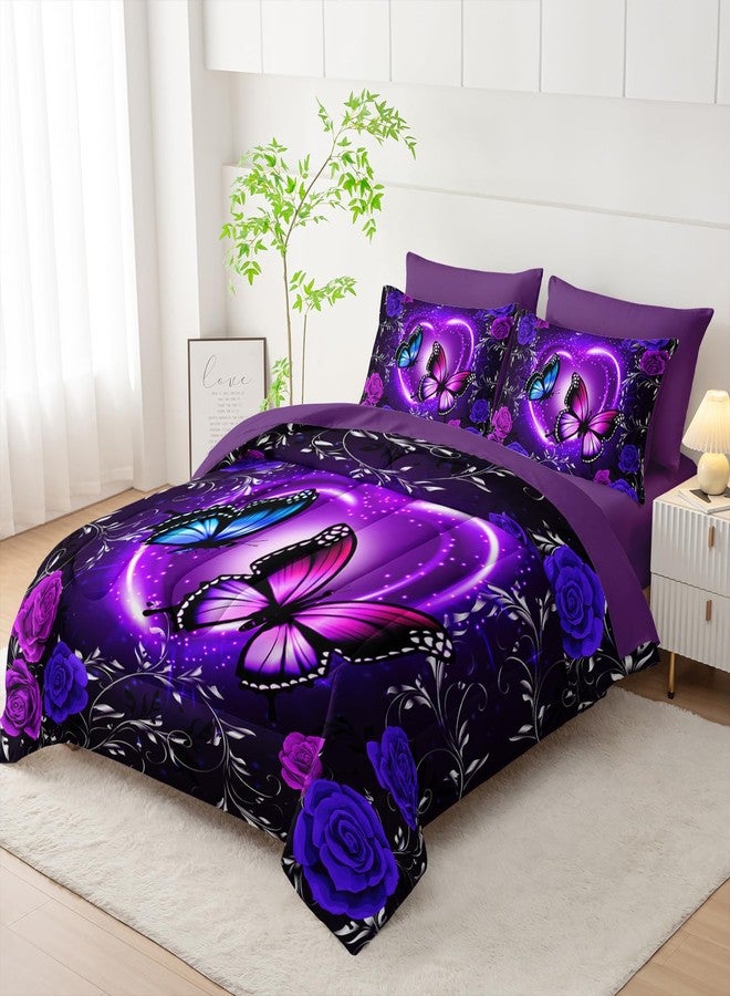Tuzaovy Purple Butterfly Comforter Set 7 Piece Queen Size Bed in A Bag,Dreamy Butterfly Bedding for Girls Room Decor,Soft Microfiber Comforter with Fitted Sheet,Flat Sheet, Pillowcases & Shams - Image 5