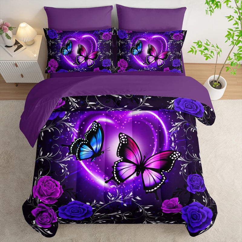 Tuzaovy Purple Butterfly Comforter Set 7 Piece Queen Size Bed in A Bag,Dreamy Butterfly Bedding for Girls Room Decor,Soft Microfiber Comforter with Fitted Sheet,Flat Sheet, Pillowcases & Shams - Image 1