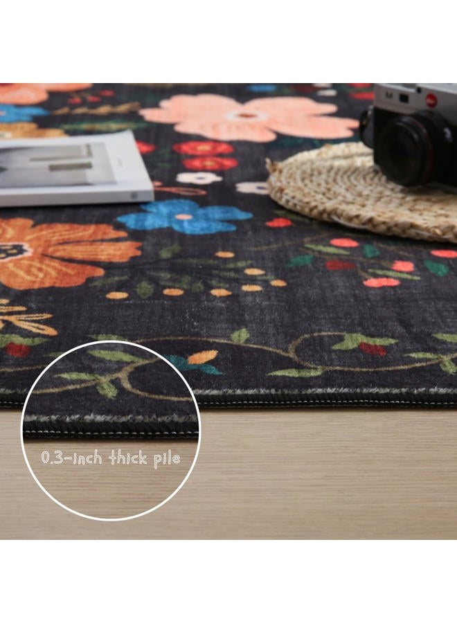 Rugcomf Area Rugs 9x12 Living Room Clearance Washable Boho Rug Non Slip Floral Vintage Low Pile Large Rug for Living Room, Bedroom, Farmhouse, Dining Room, Kids Playroom(Black) - Image 4
