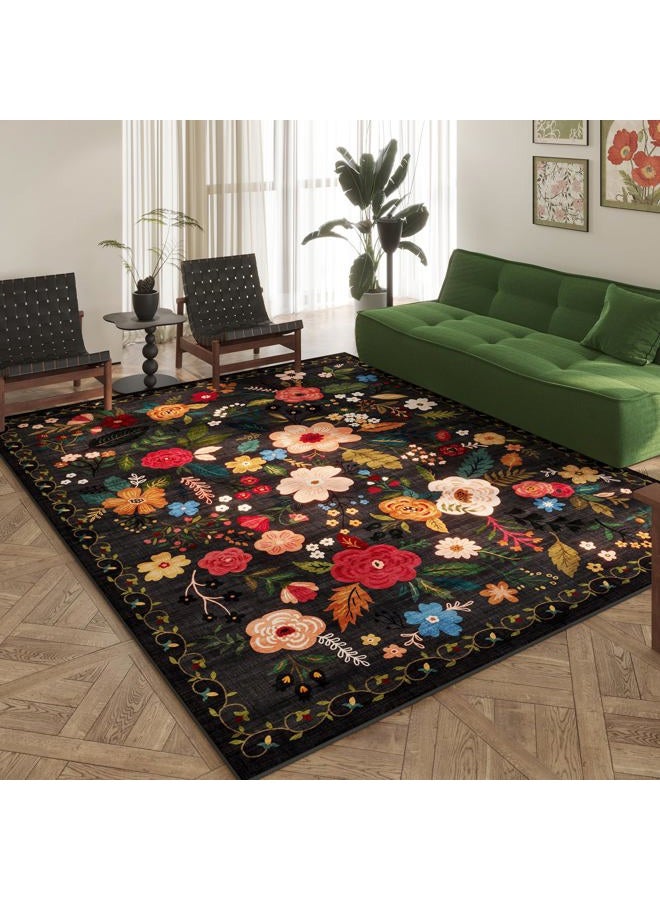 Rugcomf Area Rugs 9x12 Living Room Clearance Washable Boho Rug Non Slip Floral Vintage Low Pile Large Rug for Living Room, Bedroom, Farmhouse, Dining Room, Kids Playroom(Black) - Image 1