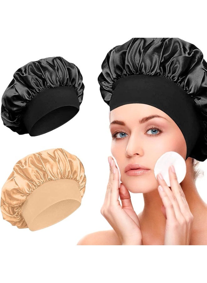 Generic 2Pcs Silk Bonnet for Sleeping, Satin Hair Bonnets, Soft Elastic Band Silk Sleep Cap, Hair Wrap for Women(Black*1, Turmeric*1)  - Image 1