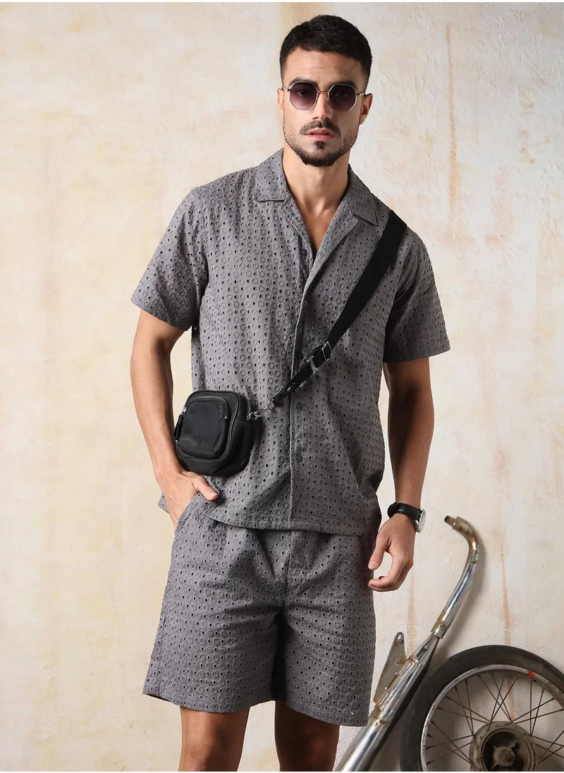 HIGH STAR Men's Grey 100% Cotton Embroidered Cropped Cropped Bermuda Relaxed Fit Co-Ords