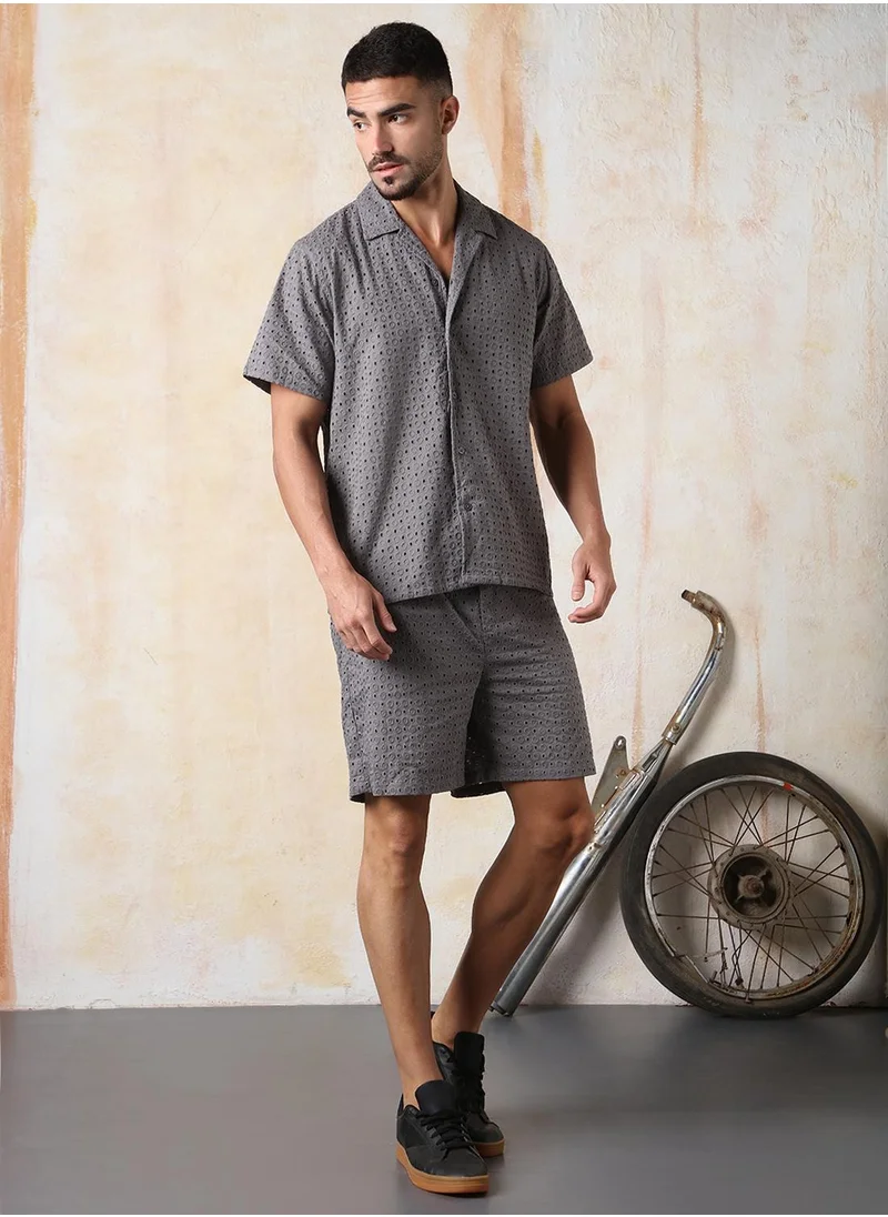 HIGH STAR Men's Grey 100% Cotton Embroidered Cropped Cropped Bermuda Relaxed Fit Co-Ords