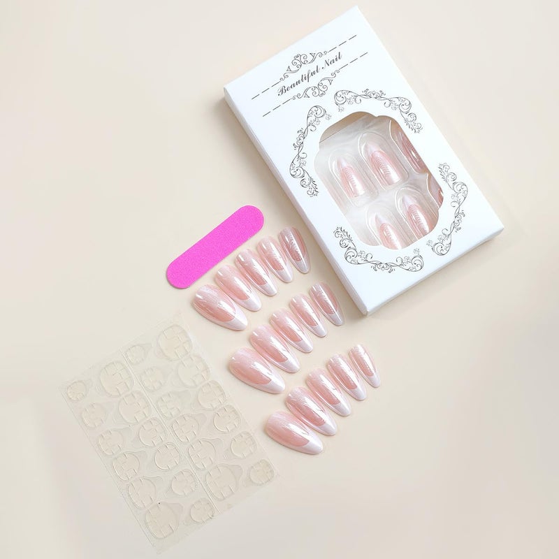 CTTHNBD French Tip Press on Nails - Medium Almond Fake Nails - Chrome Design Full Cover Stick on False Nails - for Women 24 Pcs - Image 4
