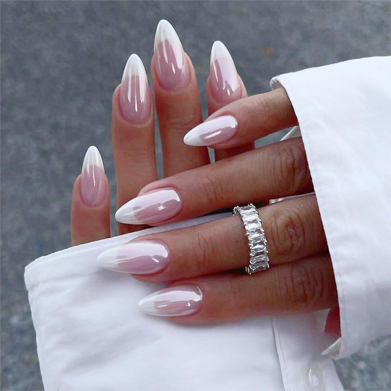 CTTHNBD French Tip Press on Nails - Medium Almond Fake Nails - Chrome Design Full Cover Stick on False Nails - for Women 24 Pcs - Image 1