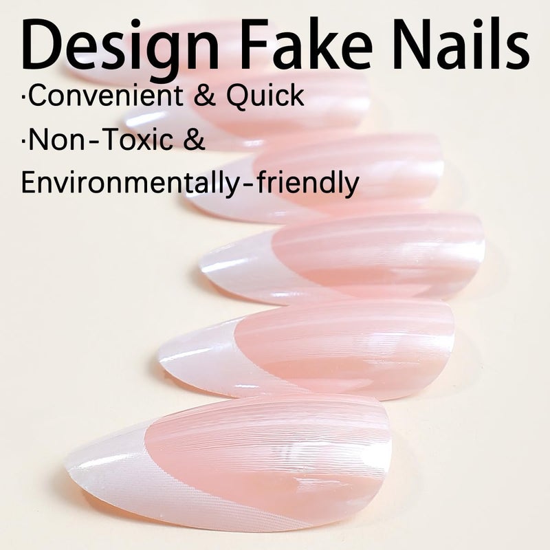 CTTHNBD French Tip Press on Nails - Medium Almond Fake Nails - Chrome Design Full Cover Stick on False Nails - for Women 24 Pcs - Image 3
