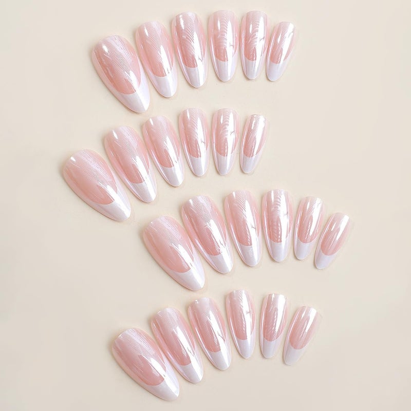 CTTHNBD French Tip Press on Nails - Medium Almond Fake Nails - Chrome Design Full Cover Stick on False Nails - for Women 24 Pcs - Image 2