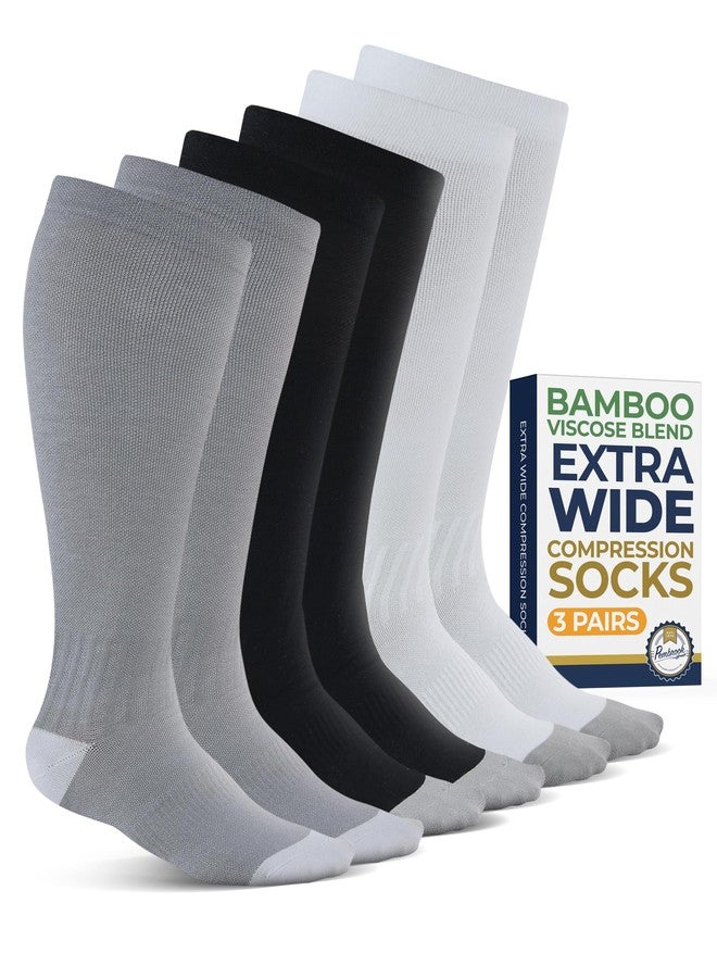 Pembrook® 3 Pairs Plus Size Compression Socks Wide Calf - 15-20 mmHg Bamboo Viscose Men and Women Wide Calf, Plus Size, Black, White, Gray - Image 1