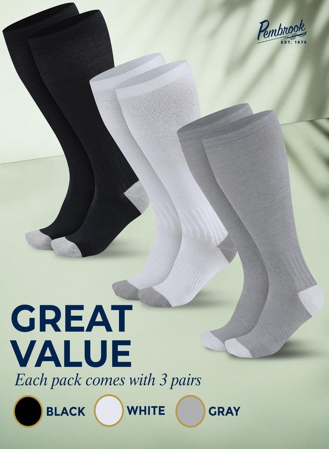 Pembrook® 3 Pairs Plus Size Compression Socks Wide Calf - 15-20 mmHg Bamboo Viscose Men and Women Wide Calf, Plus Size, Black, White, Gray - Image 5