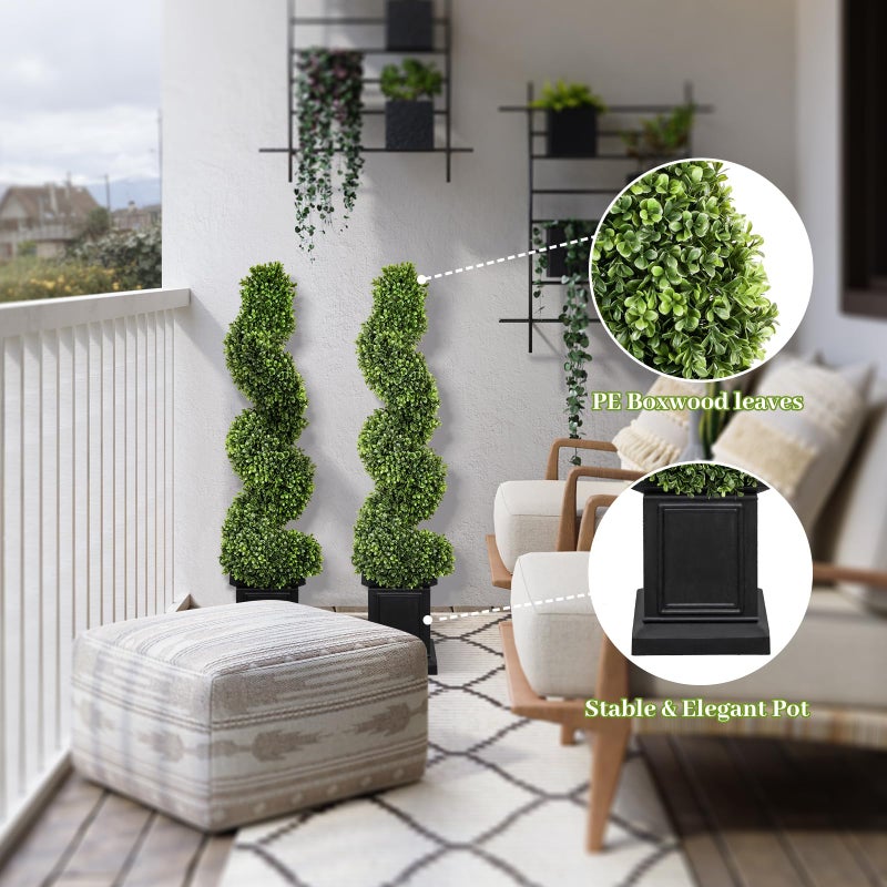 colorspec Boxwood Outdoor Topiary Set of 2, 3.5ft Tall Porch Trees, All-Year Green Fake Plant Topiary Trees Artificial Outdoor with Sturdy Pot for Porch Indoor (Spiral) - Image 3
