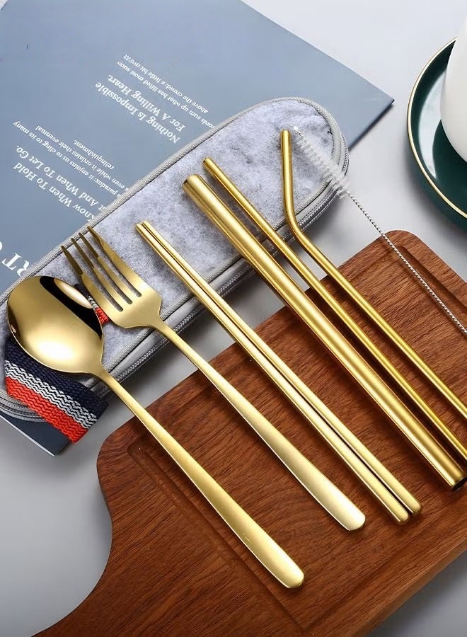 EETU 7Pcs Stainless Steel Flatware Set Portable Reusable Cutlery Set Travel Utensils Set Including Chopsticks Knife Fork Spoon Straws Cleaning Brush Dishwasher Safe (Golden) - Image 5