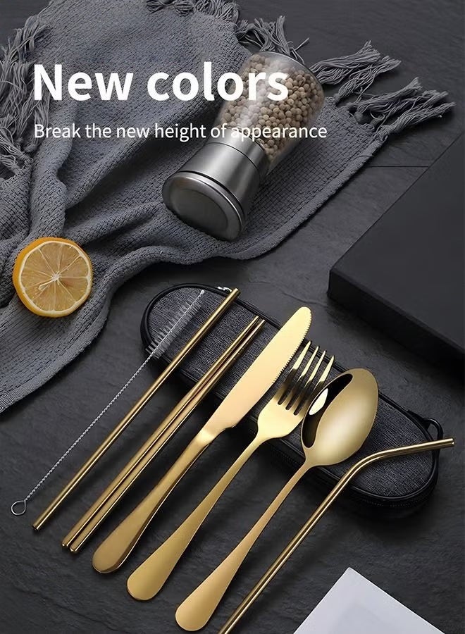 EETU 7Pcs Stainless Steel Flatware Set Portable Reusable Cutlery Set Travel Utensils Set Including Chopsticks Knife Fork Spoon Straws Cleaning Brush Dishwasher Safe (Golden) - Image 2