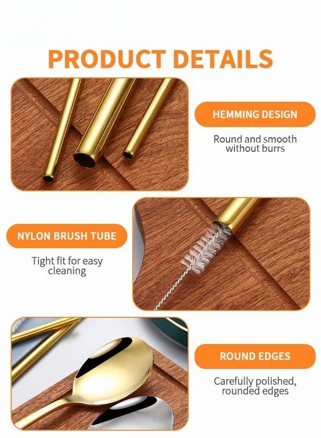 EETU 7Pcs Stainless Steel Flatware Set Portable Reusable Cutlery Set Travel Utensils Set Including Chopsticks Knife Fork Spoon Straws Cleaning Brush Dishwasher Safe (Golden) - Image 4