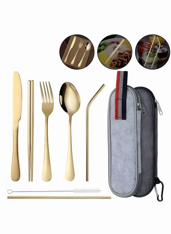 EETU 7Pcs Stainless Steel Flatware Set Portable Reusable Cutlery Set Travel Utensils Set Including Chopsticks Knife Fork Spoon Straws Cleaning Brush Dishwasher Safe (Golden) - Image 1