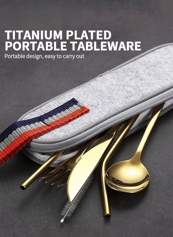 EETU 7Pcs Stainless Steel Flatware Set Portable Reusable Cutlery Set Travel Utensils Set Including Chopsticks Knife Fork Spoon Straws Cleaning Brush Dishwasher Safe (Golden) - Image 3