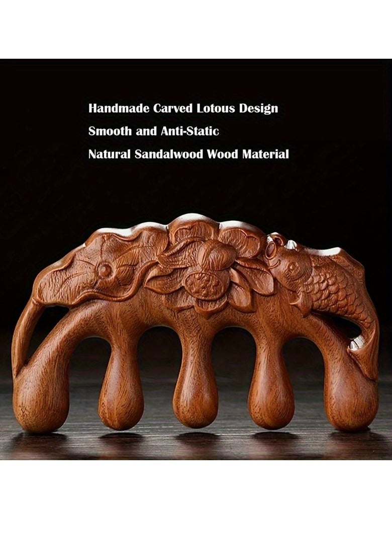 Loquat 1pc Natural Handmade Pure wood Five-tooth meridians comb portable gold wire sandalwood comb wide tooth head scalp meridians scraping massage comb Wooden Comb for Men and Women (Lotus Fish) - Image 1