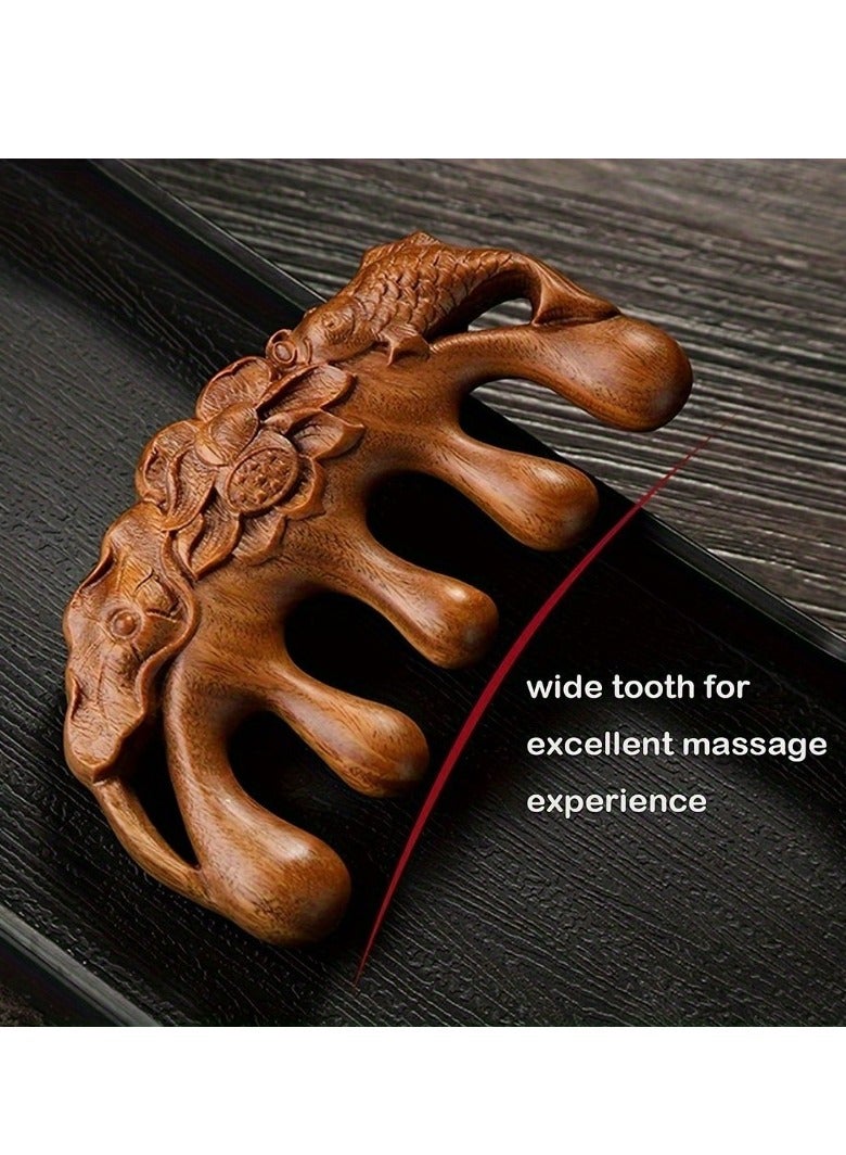 Loquat 1pc Natural Handmade Pure wood Five-tooth meridians comb portable gold wire sandalwood comb wide tooth head scalp meridians scraping massage comb Wooden Comb for Men and Women (Lotus Fish) - Image 4