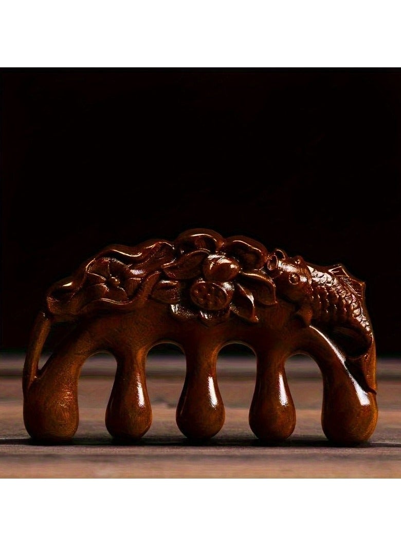 Loquat 1pc Natural Handmade Pure wood Five-tooth meridians comb portable gold wire sandalwood comb wide tooth head scalp meridians scraping massage comb Wooden Comb for Men and Women (Lotus Fish) - Image 2