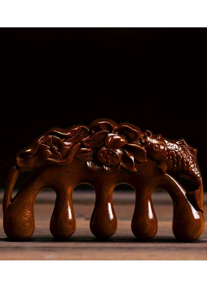 Loquat 1pc Natural Handmade Pure wood Five-tooth meridians comb portable gold wire sandalwood comb wide tooth head scalp meridians scraping massage comb Wooden Comb for Men and Women (Lotus Fish) - Image 5