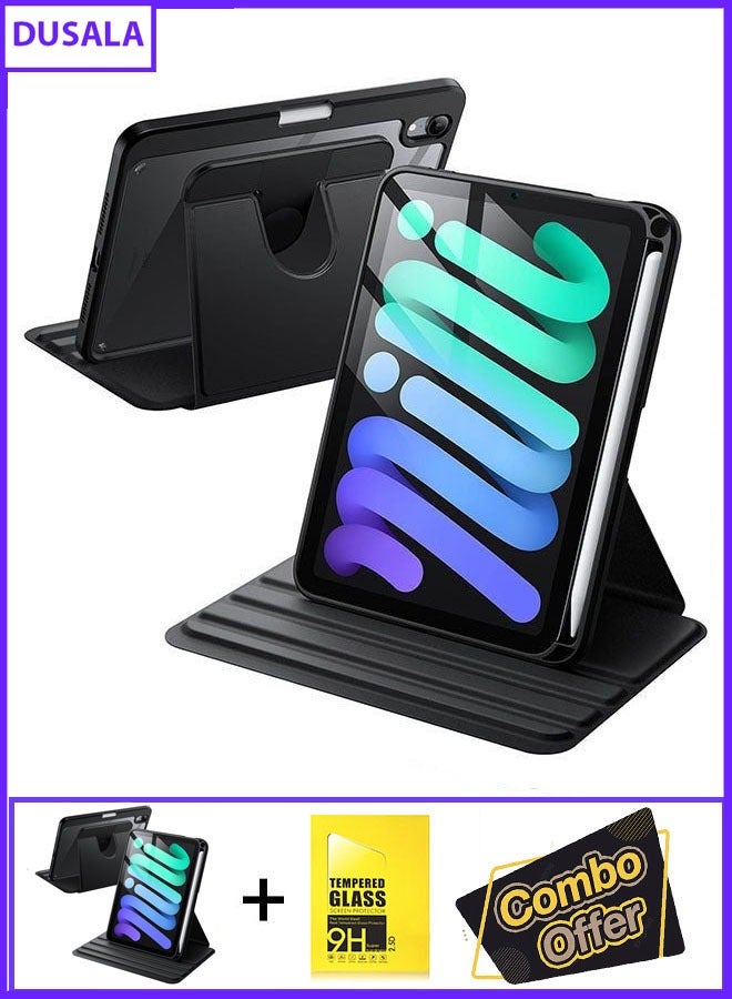 DUSALA 2 in 1 Rotating Case for iPad mini (A17 Pro, 2024 Model, 7th Generation) / mini 6 (2021 Model, 6th Generation) with Pencil Holder,360 Degree Rotation Protective Stand Slim Cover Clear Back, Auto Wake/Sleep With Tempered Glass - Image 1