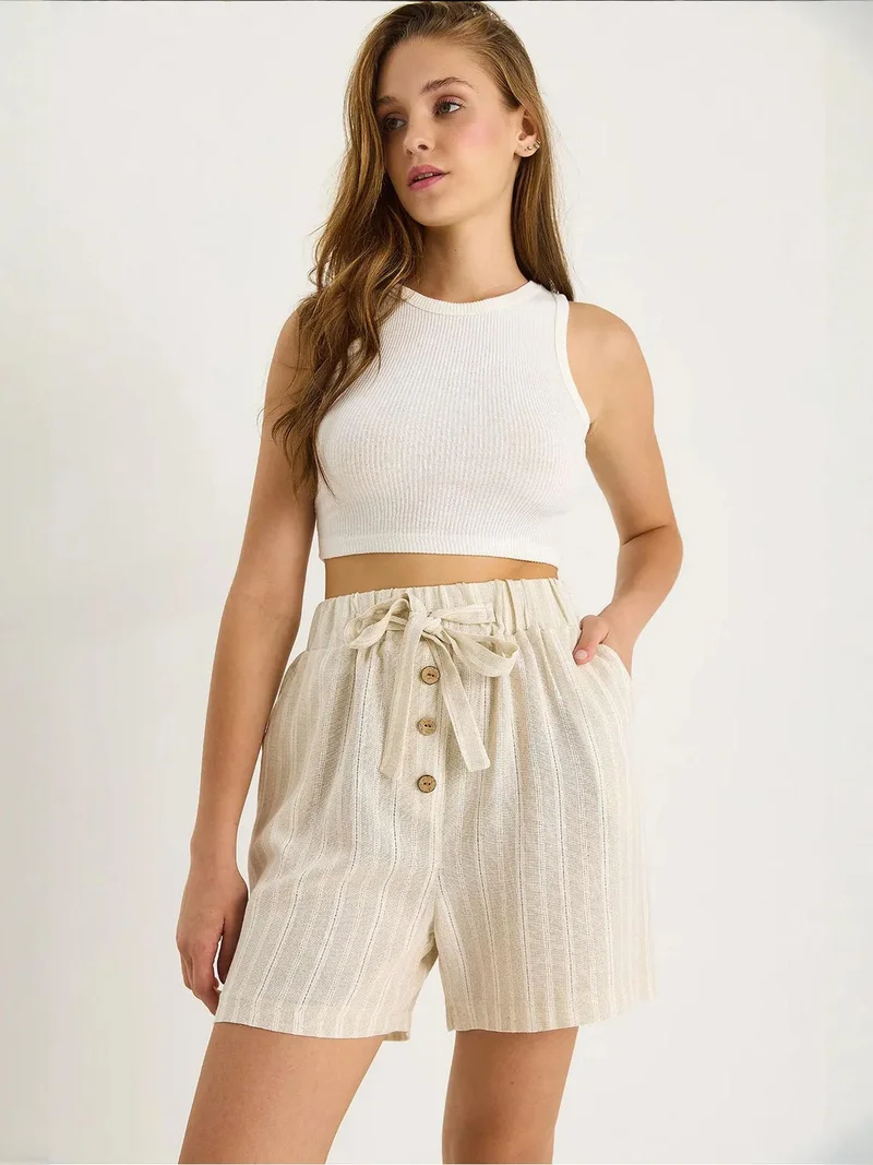 Bianco Lucci Beige Natural LUCCI High Waist Striped Cotton Shorts with Drawstring for Women | Best Price UAE