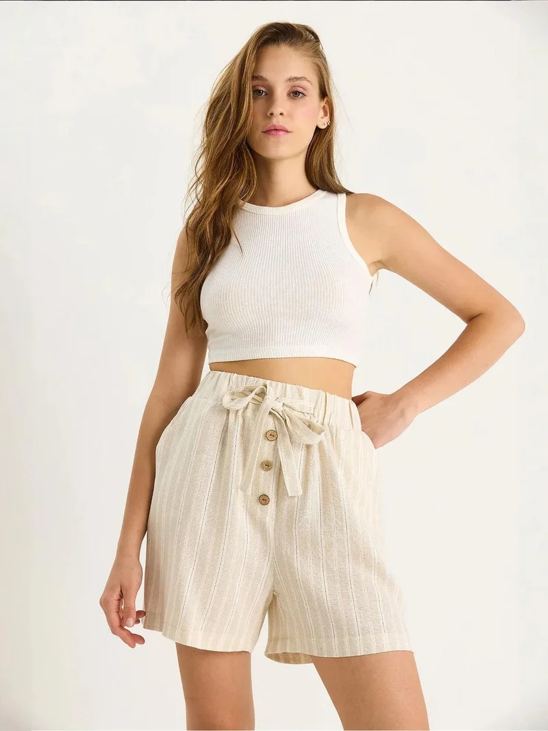 Bianco Lucci Beige Natural LUCCI High Waist Striped Cotton Shorts with Drawstring for Women | Best Price UAE