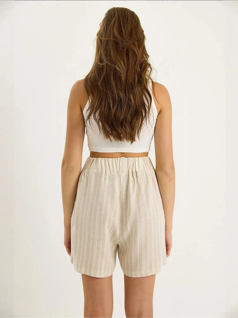 Bianco Lucci Beige Natural LUCCI High Waist Striped Cotton Shorts with Drawstring for Women | Best Price UAE