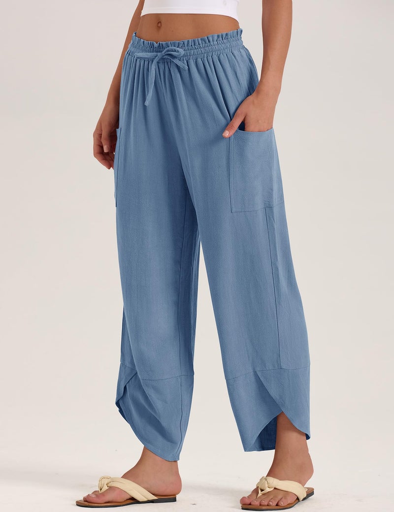 LOMON Women's Linen Summer Palazzo Pants Flowy Wide Leg Beach Pants Lounge Ankle Pants with Pockets 2026 (Blue,M) - Image 5