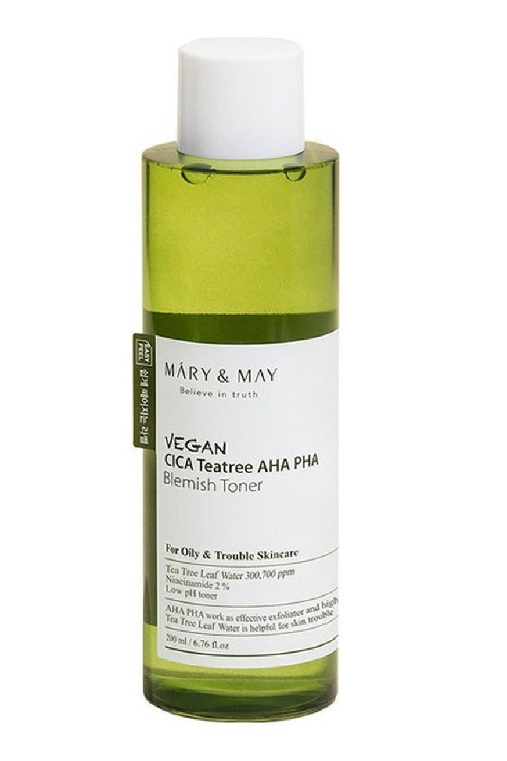 MARY & MAY Máry & May Vegan CICA Tea Tree AHA PHA Toner Exfoliator - for Combination to Oily Skin 200ml - Image 1