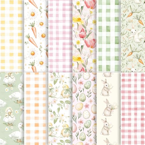Fabllewavi 24 Sheets Watercolor Easter Scrapbook Paper, Bunny Eggs Duck Flowers and Carrots Patterns Decorative Craft Paper Folded Flat for Easter Card Making Spring Party Photo Album Decor, 12'' x 12'' - Image 1