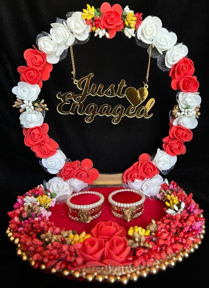 Mridang Handmade Just Engaged Engagement Ring tray ring holder platter with beautiful Floral workanniversaryengagementwedding ring platterDecorative TrayMarriage Decor10x10x8 inch - Image 1