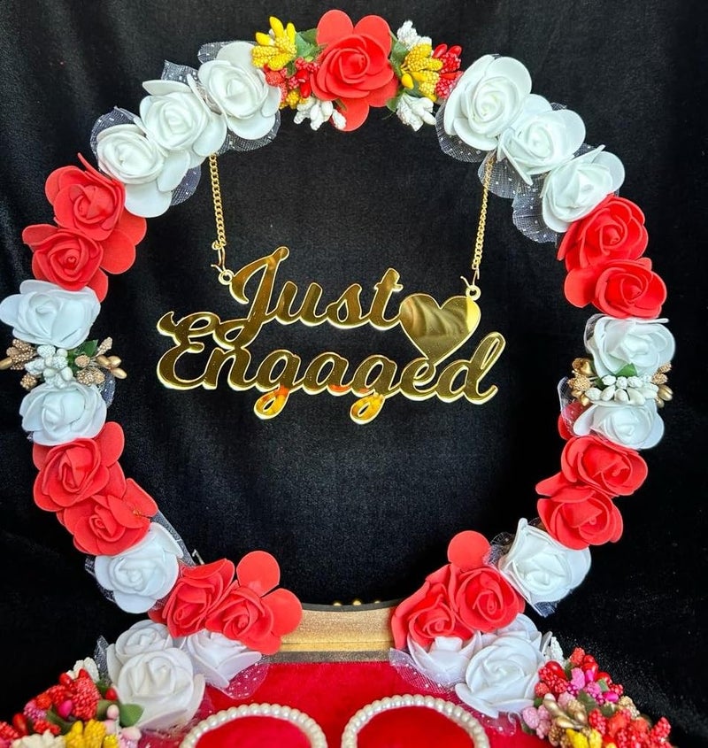 Mridang Handmade Just Engaged Engagement Ring tray ring holder platter with beautiful Floral workanniversaryengagementwedding ring platterDecorative TrayMarriage Decor10x10x8 inch - Image 2