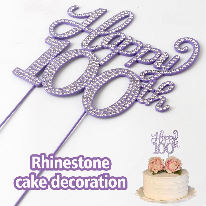 LASKYER Happy 100th Birthday Decorations 100th Birthday Purple Rhinestone Cake Topper - Cheers to 100 Years Old Bday Party Metal Sparkly Cake Centerpieces Sign. - Image 2