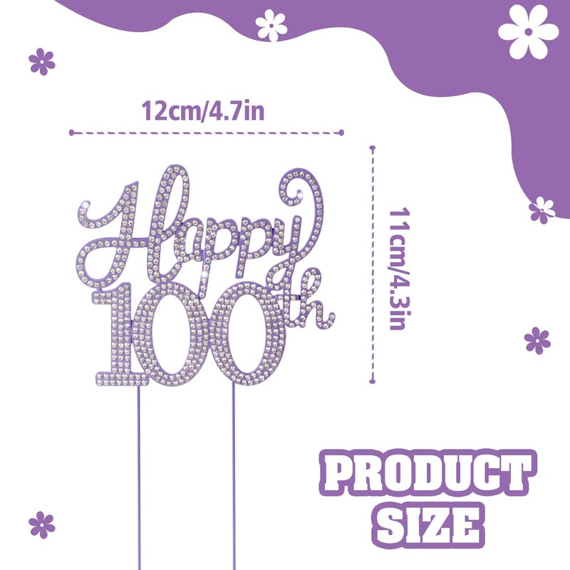 LASKYER Happy 100th Birthday Decorations 100th Birthday Purple Rhinestone Cake Topper - Cheers to 100 Years Old Bday Party Metal Sparkly Cake Centerpieces Sign. - Image 3